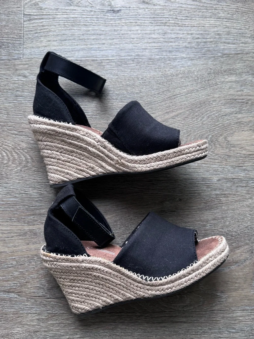 Toms Black Canvas Espadrille Wedge Sandals